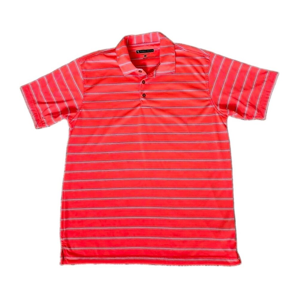 Pebble Beach Men's Performance Golf Polo Shirt Orange Coral White Striped Large